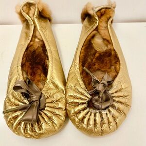 Anthropologie Gold Metallic Ballet Flats with Fur Lining
